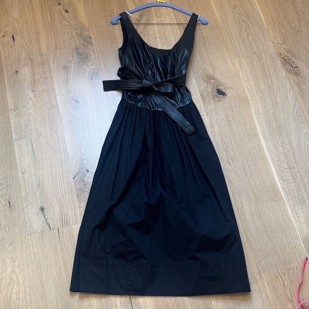 Black Sleeveless Midi Dress with Faux-Leather Bodice and Waist Tie Hale House - Picture 2 of 6